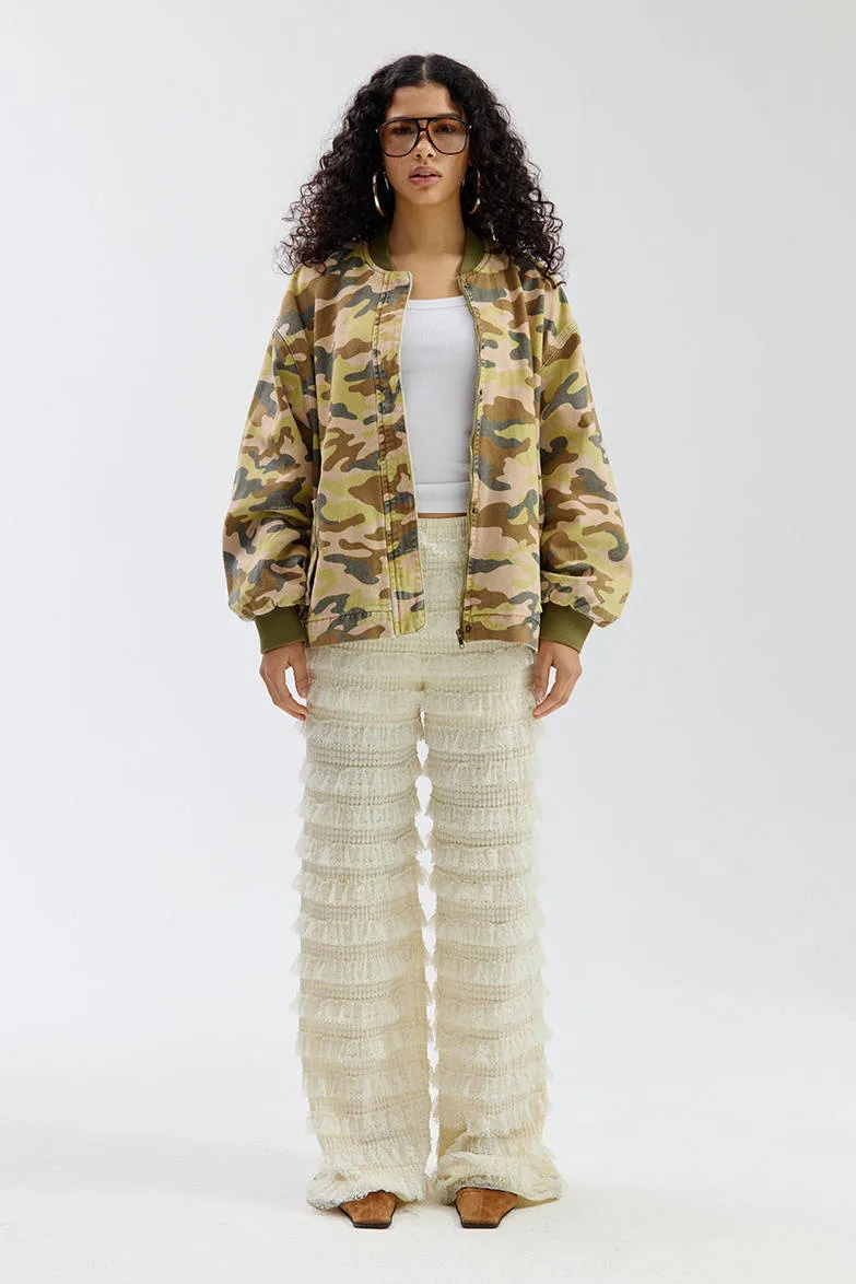 Harper & Yve straight fit broek met ruches - ecru Gebroken wit