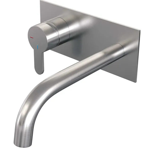 Brauer Inbouw Wastafelmengkraan Brauer Brushed Edition Coldstart Gebogen Uitloop Korte Platte Hendel Links Geborsteld RVS PVD Met Afdekplaat