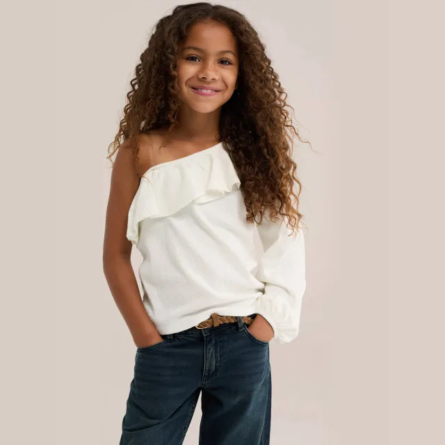 WE Fashion one shoulder top met ruches wit
