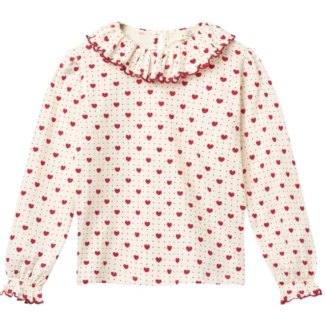 Copenhagen Colors rechtvallende longsleeve met ruches en hartjes ecru Ecru/rood