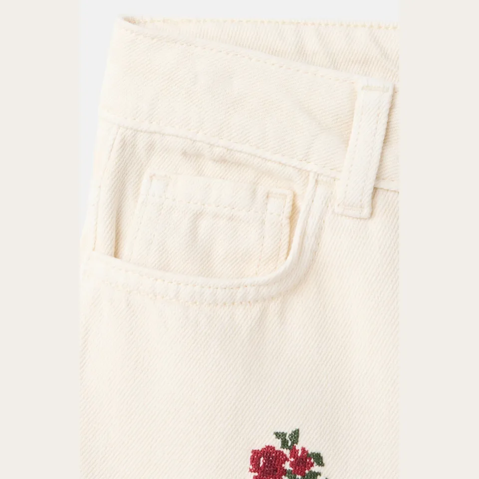 Mango Kids regular waist wide leg gebloemde jeans met borduursels - ecru/rood, foto 3