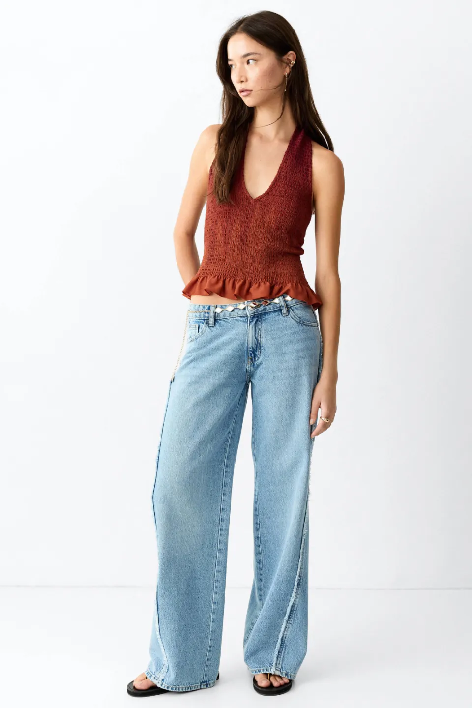 Mango TEEN haltertop met smockwerk roodbruin Brique