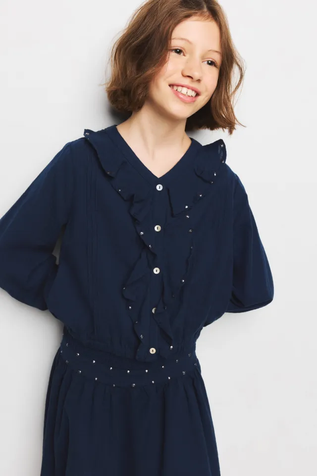 Mango blouse met ruches en studs marineblauw, foto 4