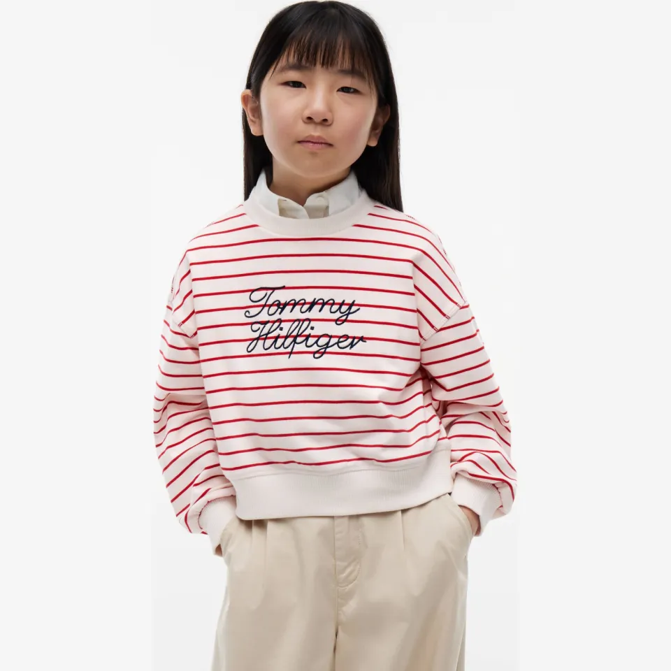 Tommy Hilfiger gestreepte sweater met tekst en borduursels - rood