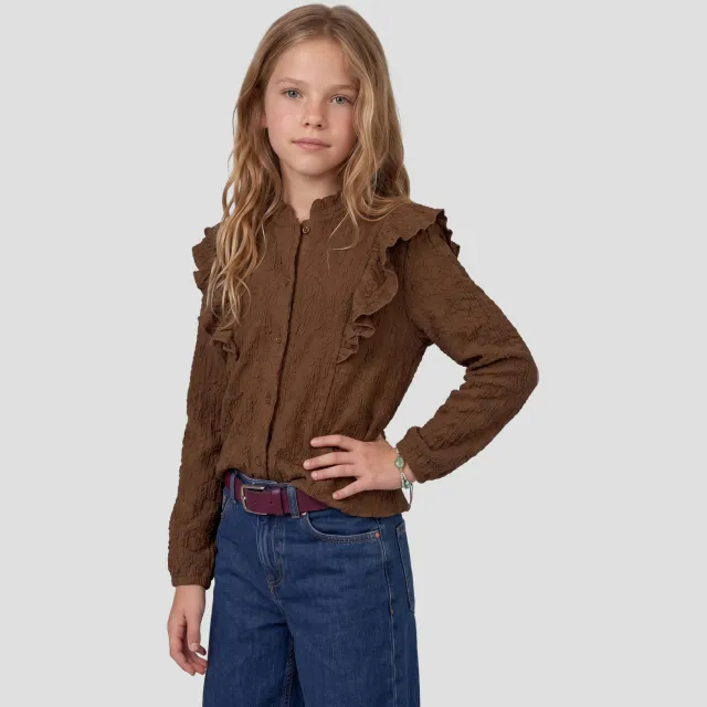 Me & My Monkey rechtvallende blouse met ruches donkerbruin