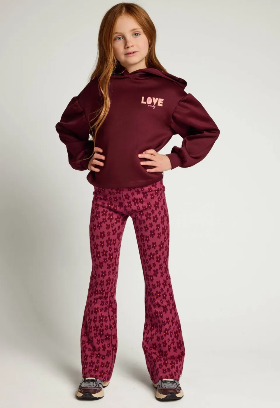 LOOXS little gebloemde flared broek donkerrood