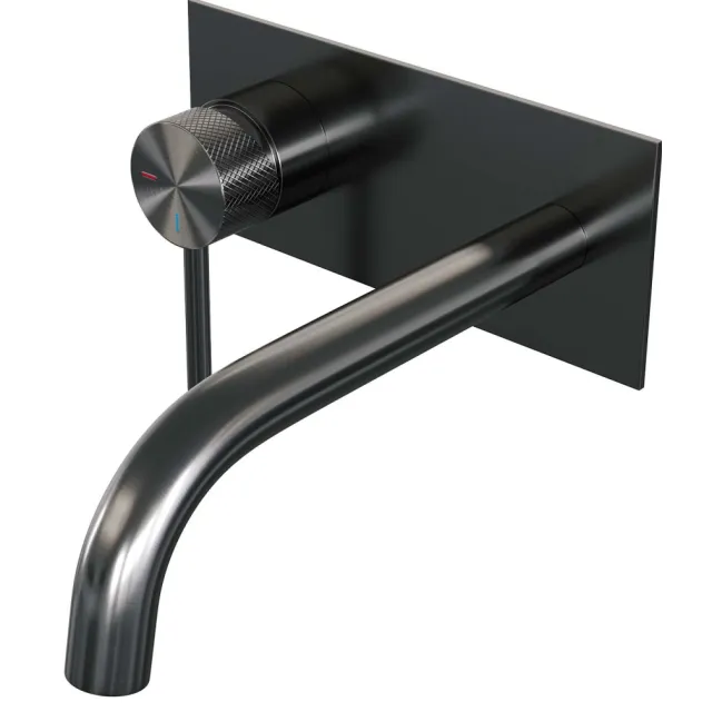 Brauer Inbouw Wastafelmengkraan Brauer Gunmetal Carving Coldstart Gebogen Uitloop Ronde Hendel Links Geborsteld Gunmetal Met Afdekplaat