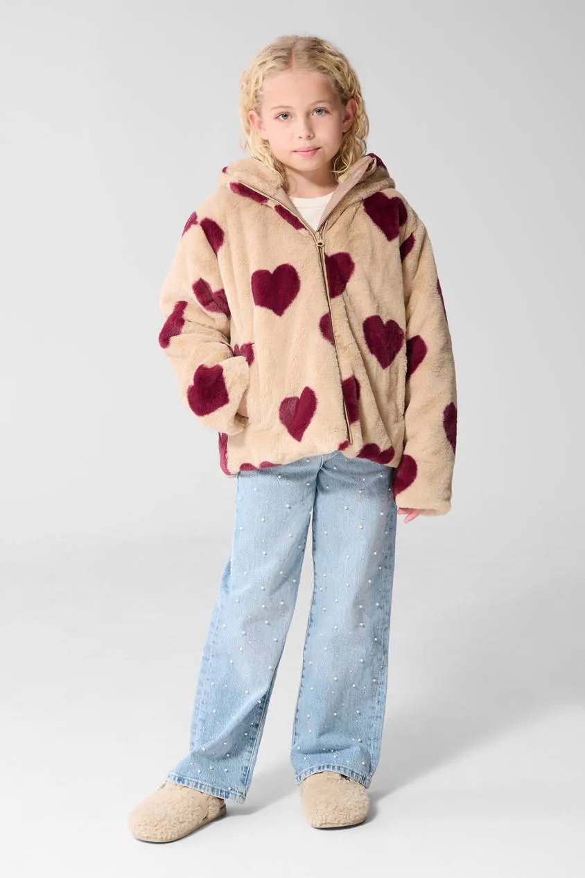 Shoeby teddy winterjas met hartjes - beige/donkerrood, foto 6