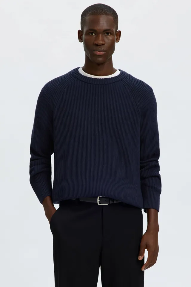 Selected katoenen relaxed fit gebreide trui - donkerblauw Navy Blazer
