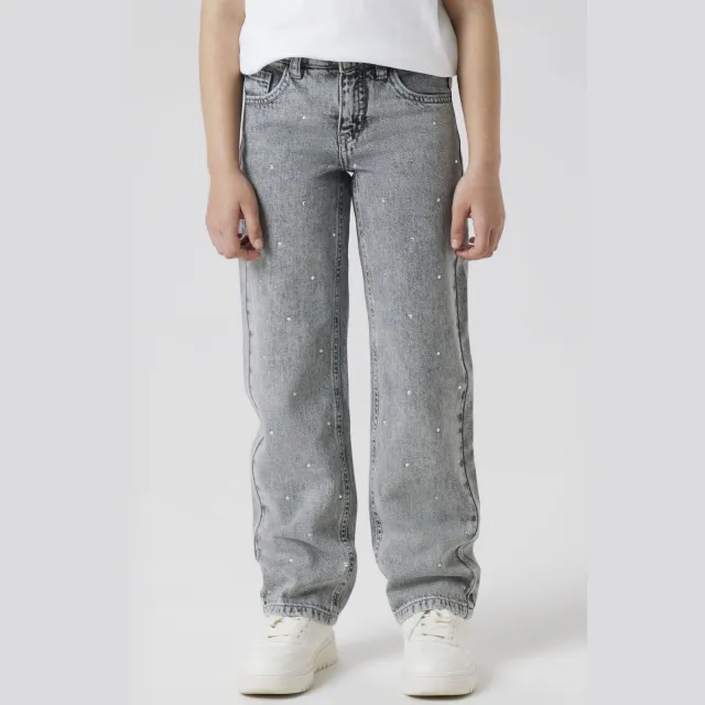 NAME IT KIDS straight leg jeans met strass-steentjes light grey denim, foto 3