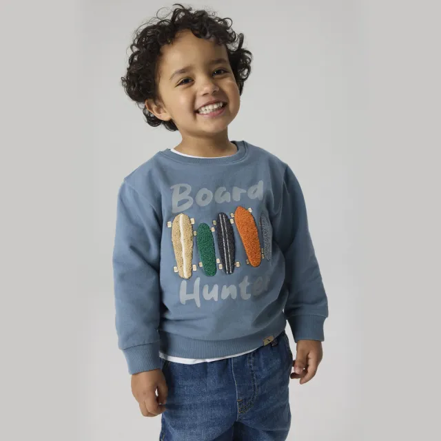 NAME IT MINI rechtvallende sweater met patches en print - grijsblauw