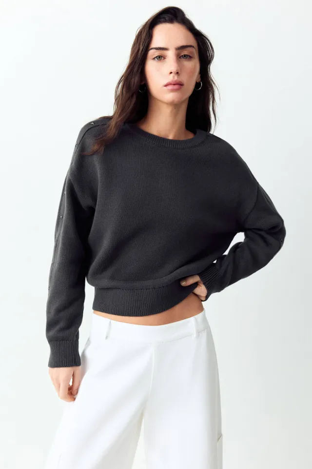 Mango TEEN katoenen gebreide trui met studs - antraciet