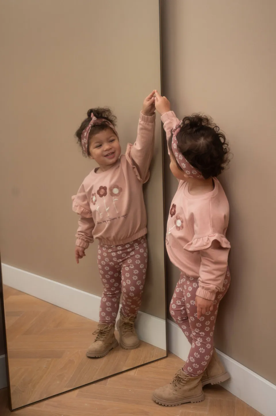 Dirkje set met ruches en print - roze (set van 3)