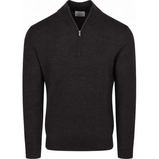 Profuomo Sweater Profuomo Half Zip Pullover Merinowol Donkerbruin Dark Brown