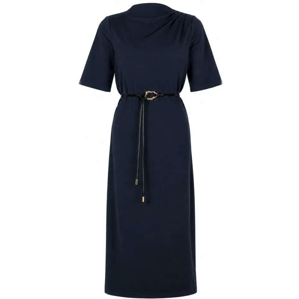 Freebird midi jurk met ceintuur donkerblauw, foto 2