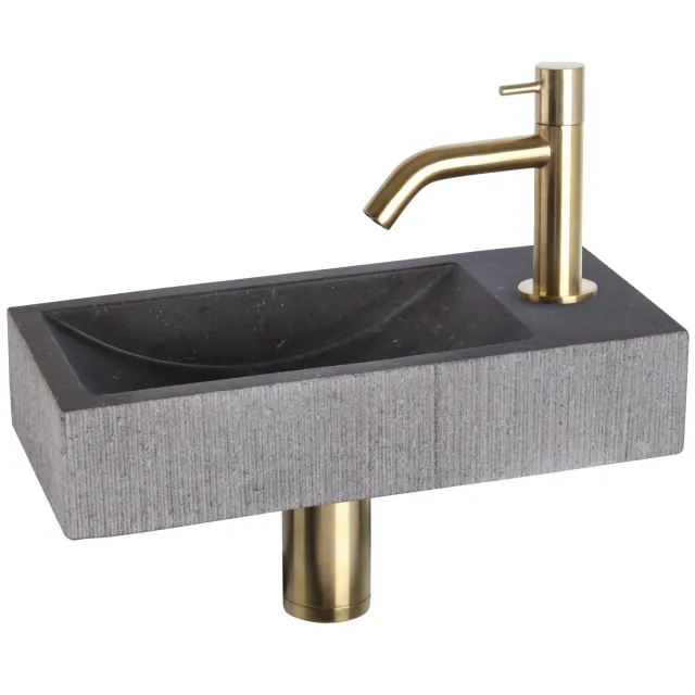Fonteinset Differnz Ribble Natuursteen 38x18x8 cm Zwart Met Gebogen Kraan Mat Goud