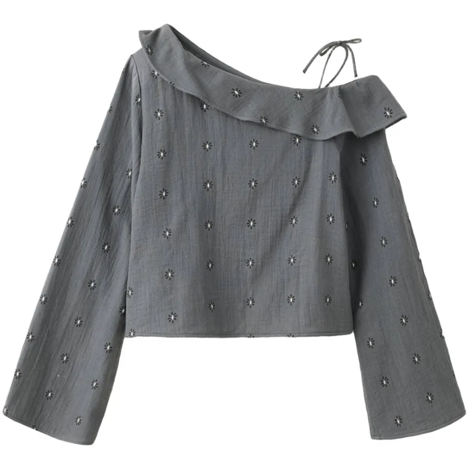 Mango one shoulder gebloemde top met ruches grijs, foto 3