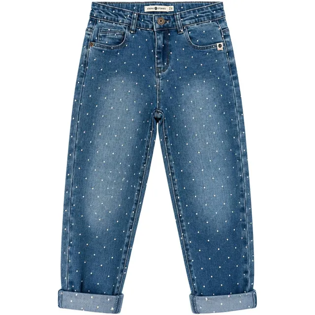 Stains&Stories tapered jeans met stippen - medium blue denim