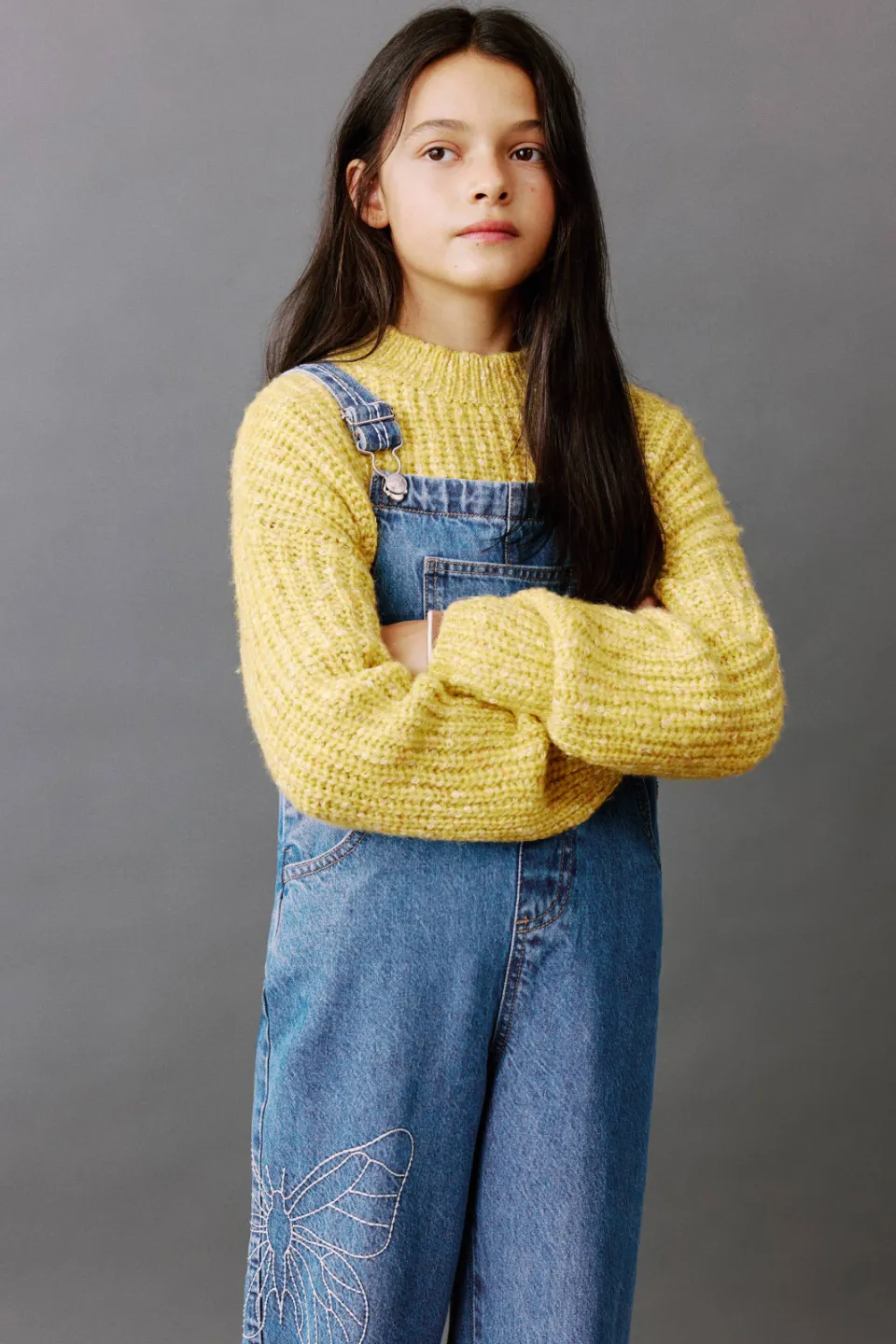 Mango denim straight leg tuinbroek met borduursels medium blue denim, foto 4