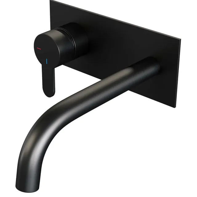 Brauer Inbouw Wastafelmengkraan Brauer Black Edition Coldstart Gebogen Uitloop Korte Platte Hendel Links Mat Zwart Met Afdekplaat