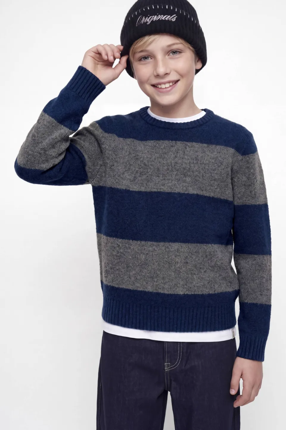 Jack & Jones JUNIOR gebreide gestreepte trui met wol - donkerblauw, foto 6