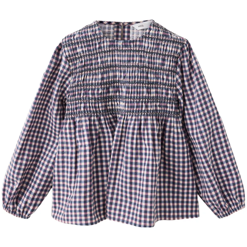 Mango geruite blousetop met smockwerk roze blauw paars, foto 2