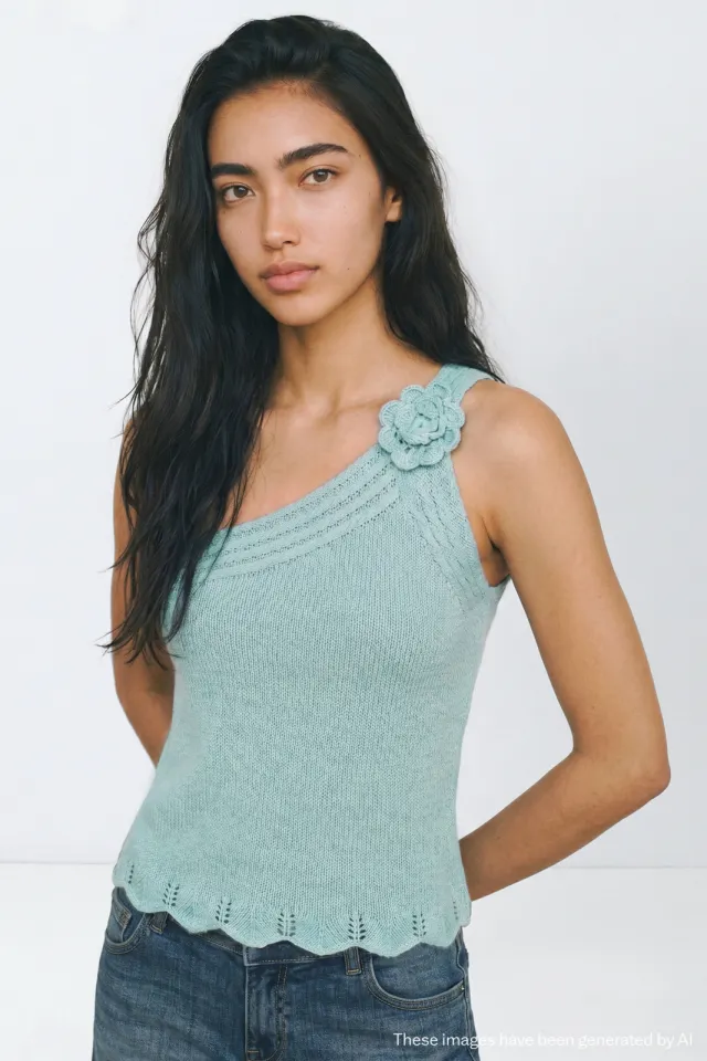 Mango TEEN one shoulder gebreide top met broderie lichtblauw, foto 4