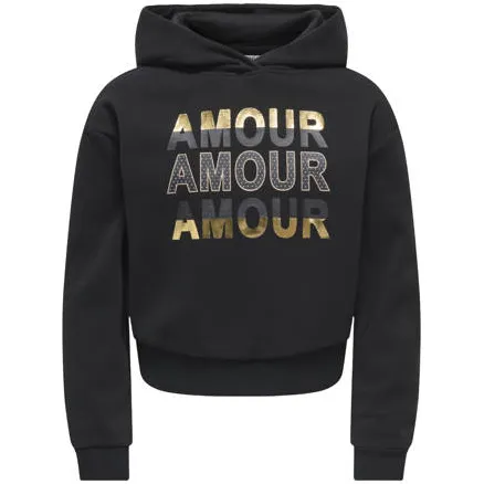 Only KIDS ONLY GIRL rechtvallende hoodie met print - zwart Sweater Meisjes Katoen Capuchon Zwart Amour