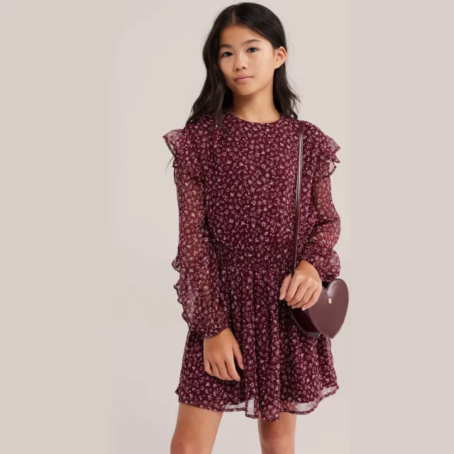 WE Fashion korte jurk met ruches donkerrood Donkerrood/ecru