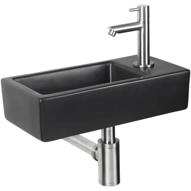 Differnz Fonteinset Differnz Hator 37.5x18.5x9 cm Keramiek Mat Zwart Met Recht Kraan Chroom