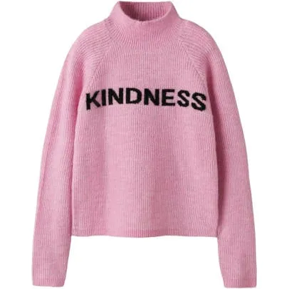NAME IT KIDS rechtvallende gebreide trui met tekst en wol - roze Meisjes Polyester Opstaande kraag