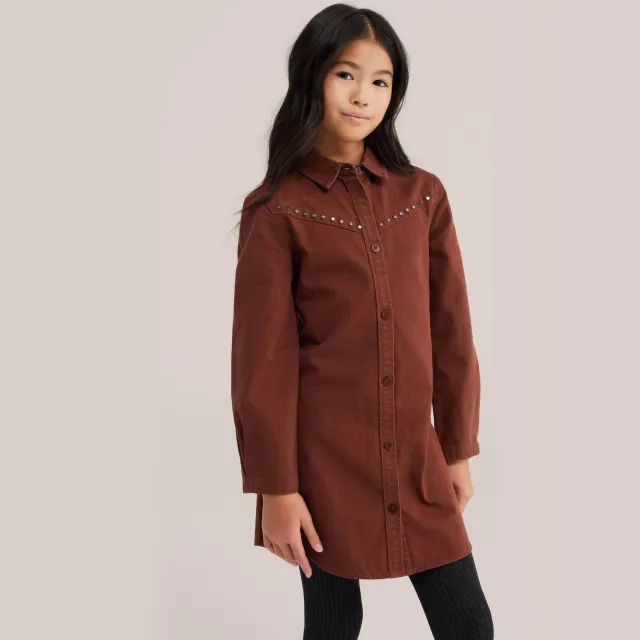 WE Fashion denim blousejurk met studs roodbruin Tabasco
