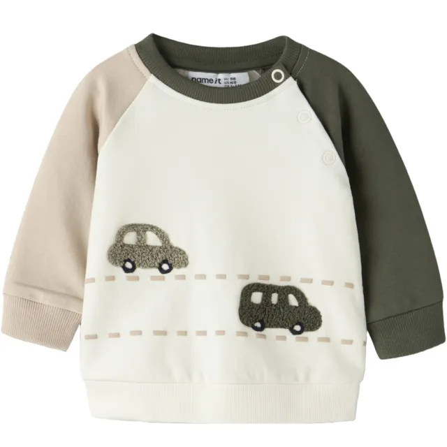 NAME IT BABY rechtvallende sweater met patches en print - ecru Offwhite/groen/beige