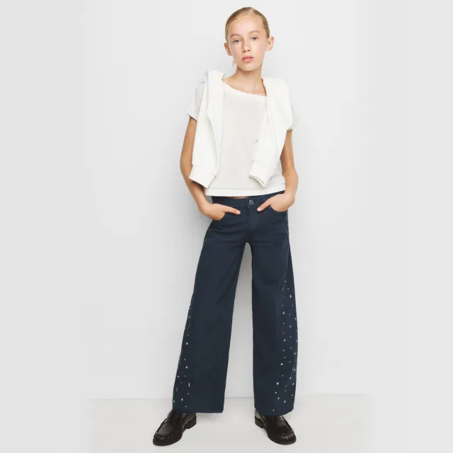 Mango Kids regular waist wide leg cropped jeans met strass-steentjes - donkerblauw Marineblauw