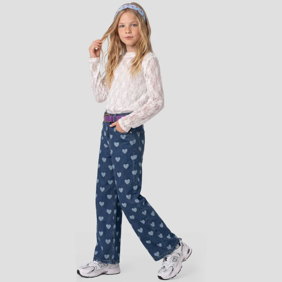 Me & My Monkey loose fit jeans met hartjes - donkerblauw Donkerblauw/lichtblauw