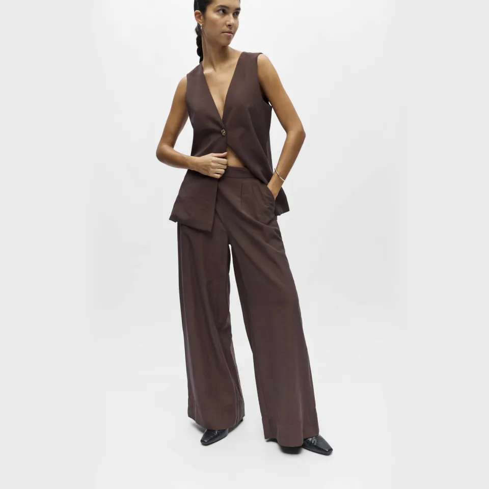 Object wide leg high waist casual broek donkerbruin bruin, foto 3