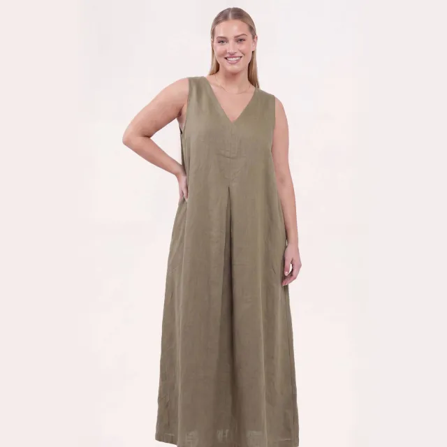 Yoek Linnen zomerjurk kaki