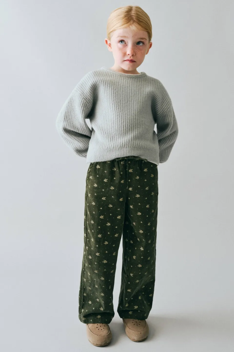 Mango Kids gebloemde corduroy broek donkergroen