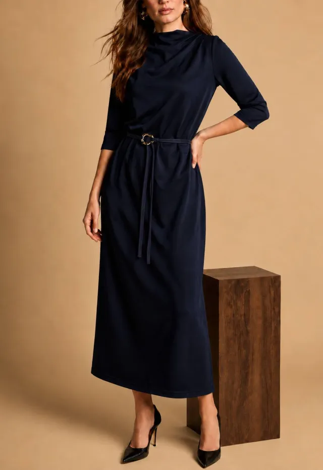 Freebird midi jurk met ceintuur donkerblauw