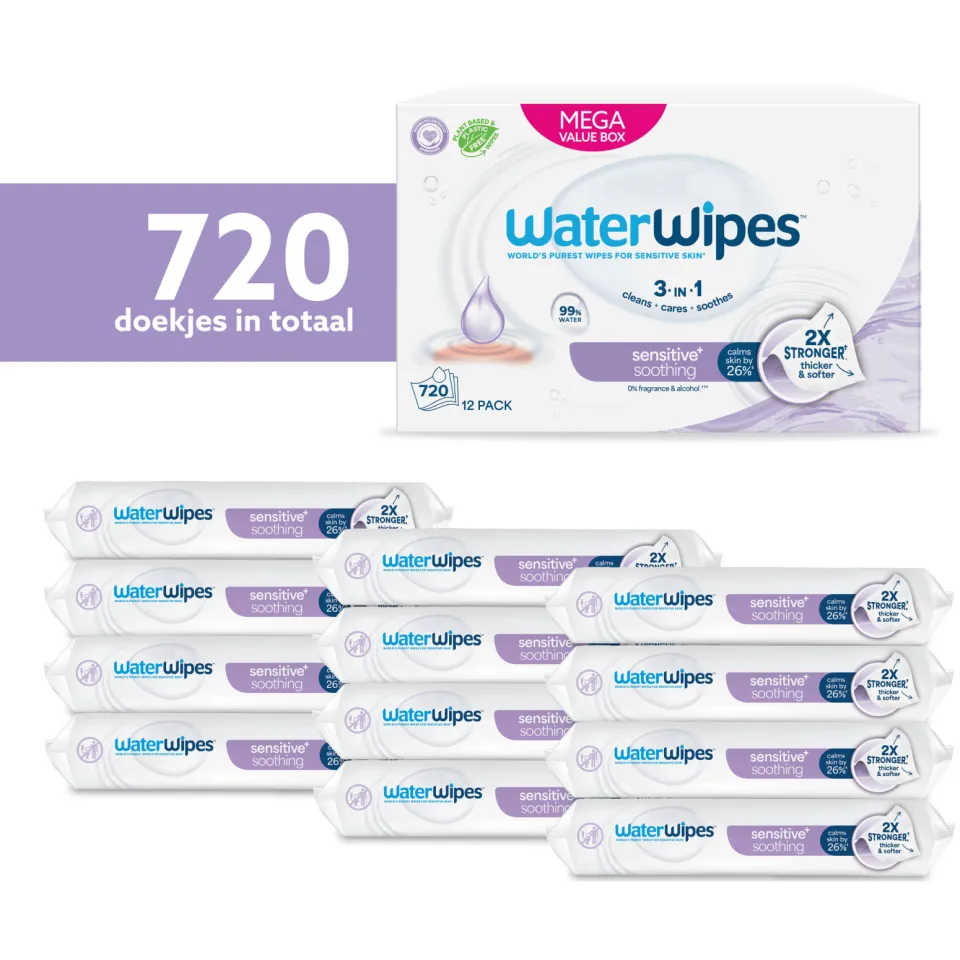WaterWipes Soothing Clean doekjes - Voordeeldoos 12 x 60 - Plasticvrij - Gevoelige huid