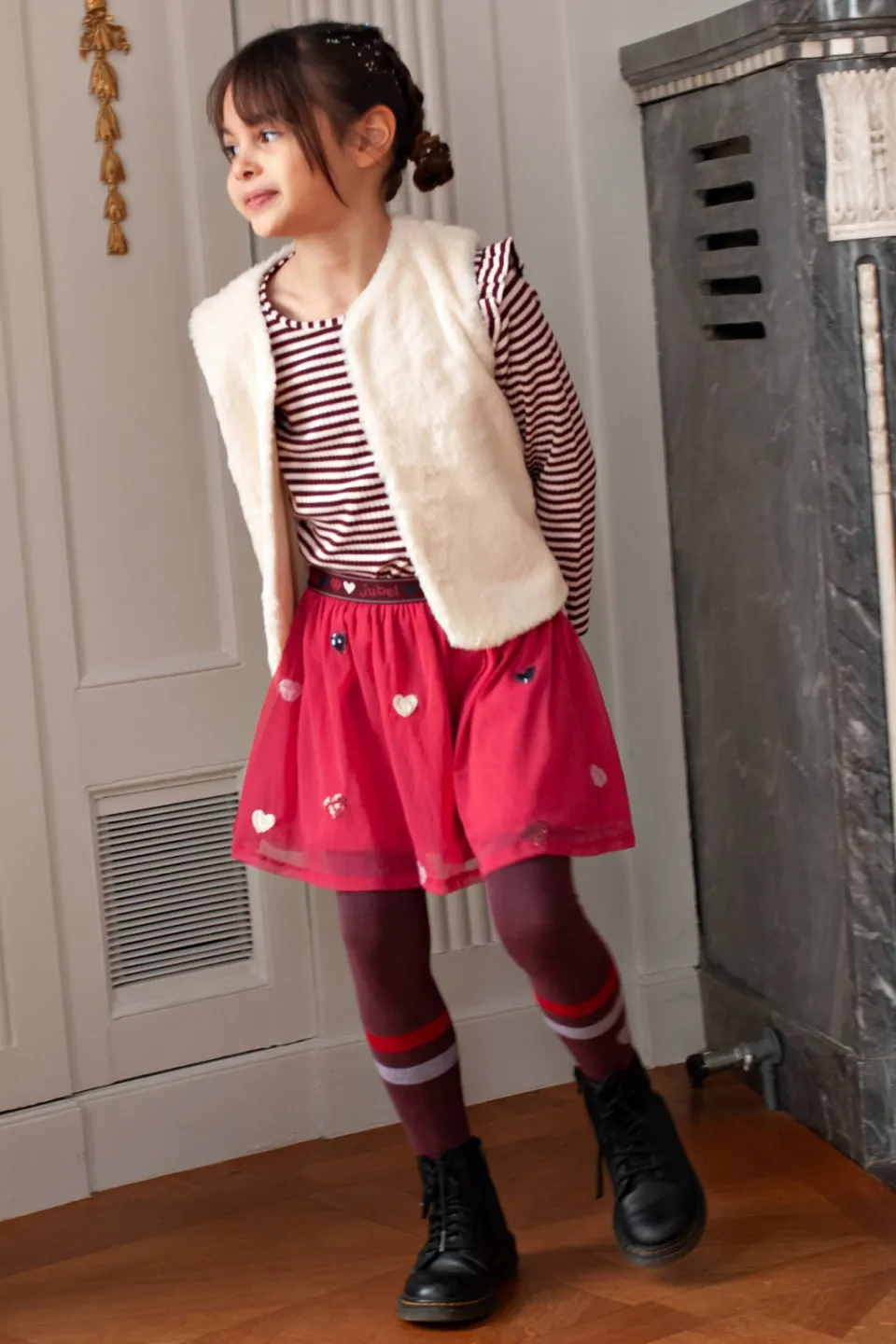 Jubel gestreepte longsleeve met ruches donkerrood/wit, foto 4