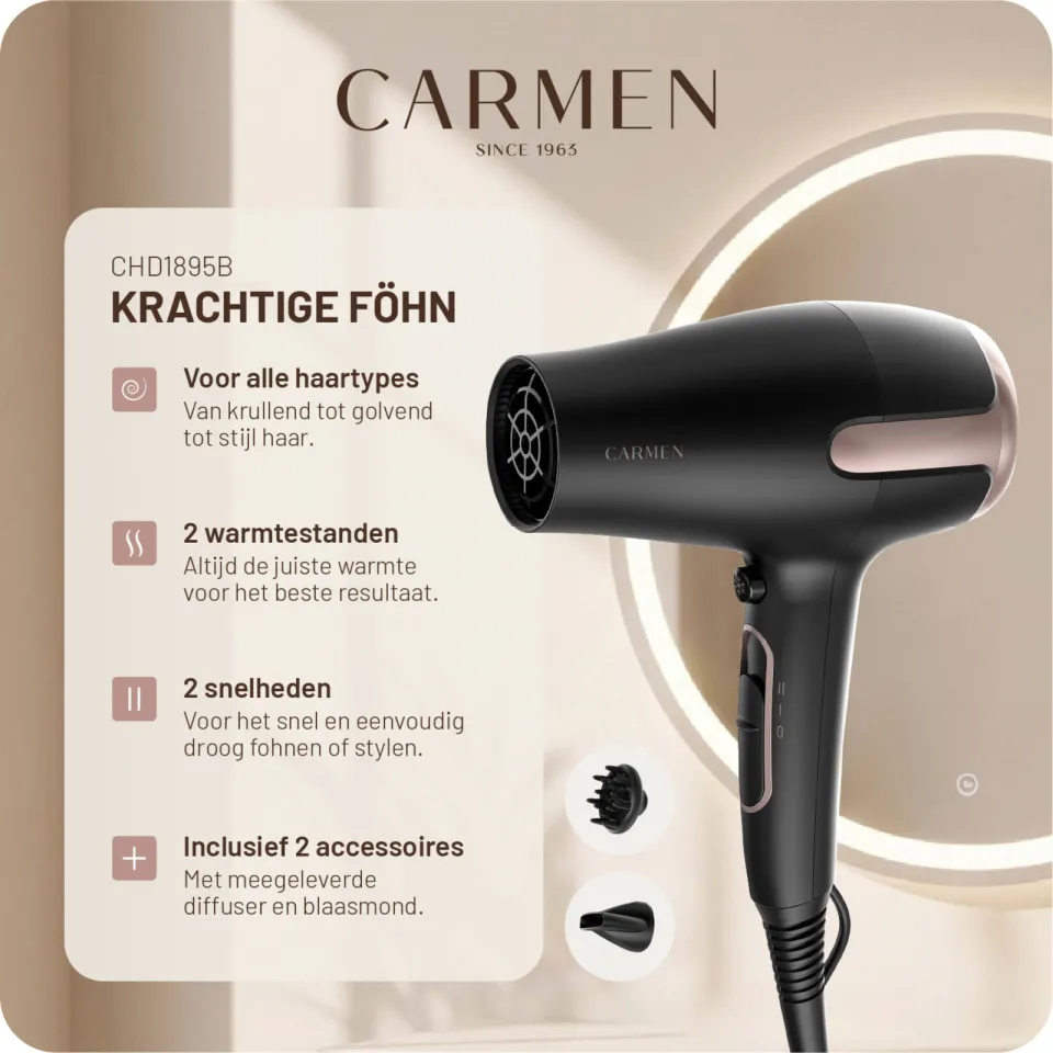 Carmen CHD1895B föhn zwart, foto 7