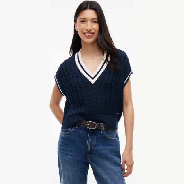 Tommy Jeans gebreide top met kabels - marineblauw Marineblauw/ ecru