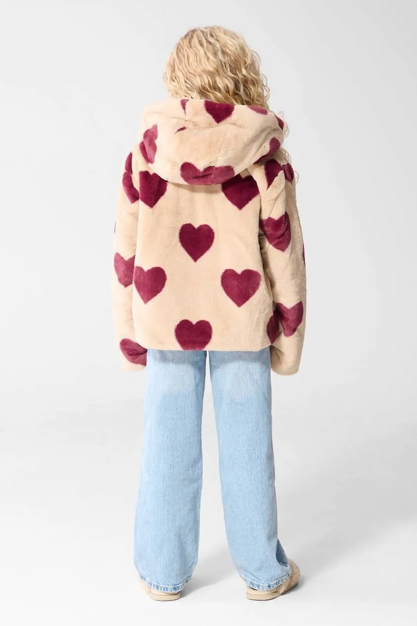 Shoeby teddy winterjas met hartjes - beige/donkerrood, foto 5