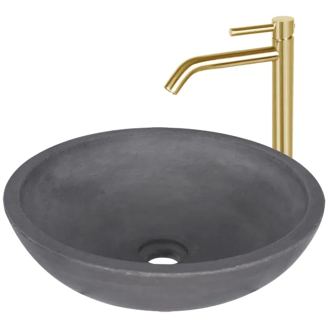 Waskomset Differnz Ravano Beton 40x12 cm Antraciet met Hoge Wastafelkraan Mat Goud