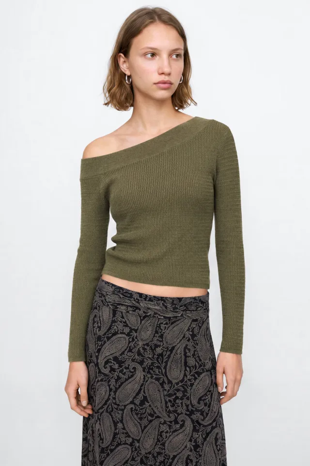 Mango Teen one shoulder gebreide top olijfgroen, foto 3