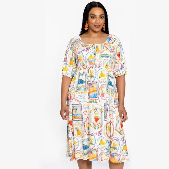 Yoek midi jurk met print ecru Ecru/oranje/blauw
