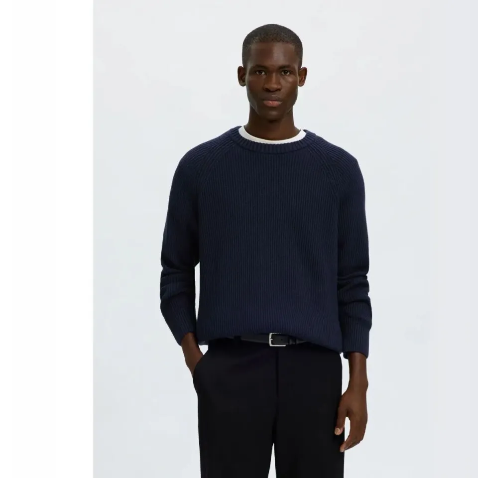 Selected katoenen relaxed fit gebreide trui - donkerblauw, foto 2