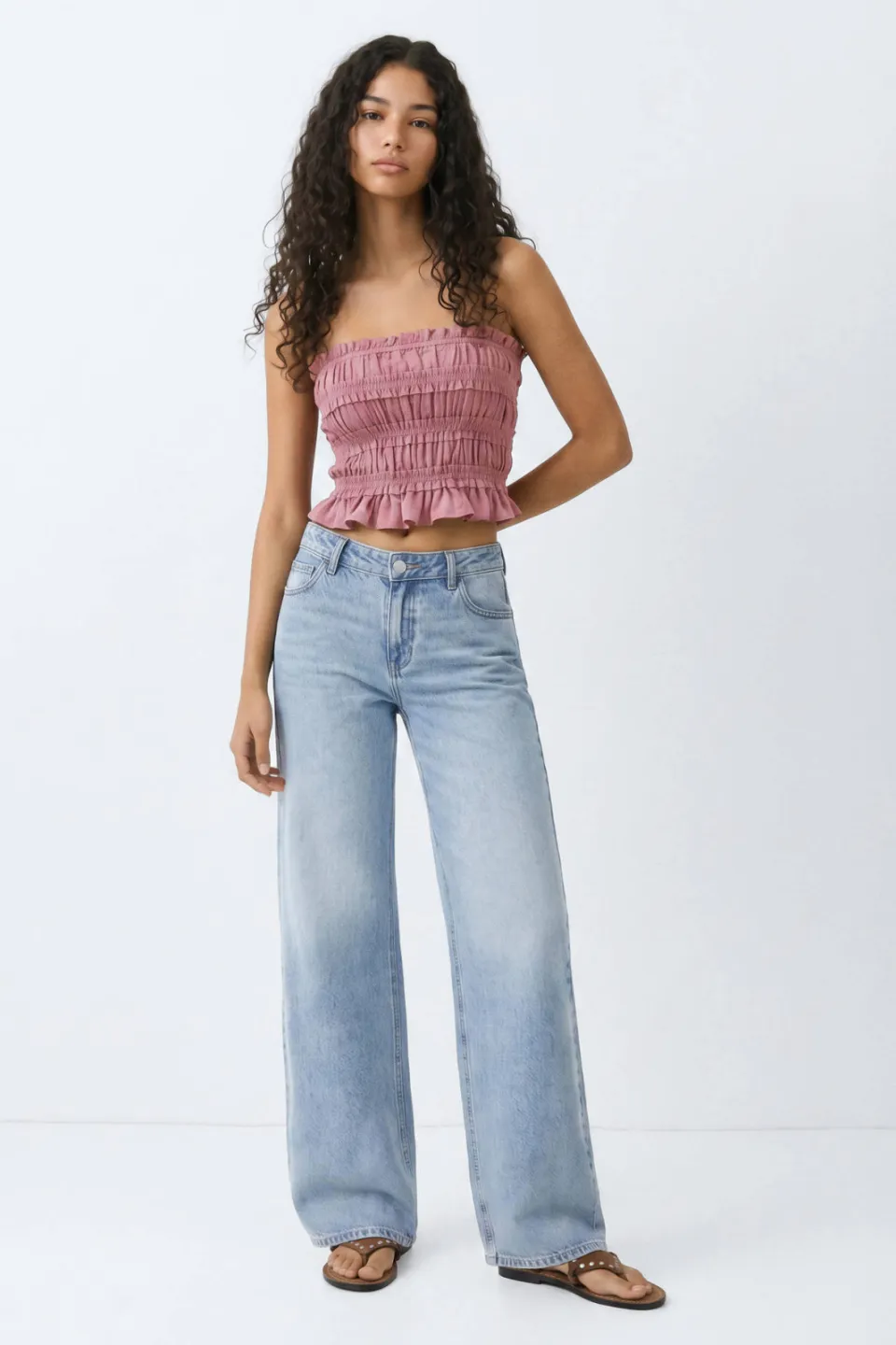 Mango strapless top met smockwerk oudroze