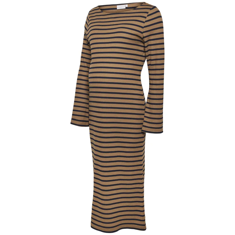 Mamalicious MLLULA gestreepte zwangerschapsjurk camel donkerblauw, foto 2